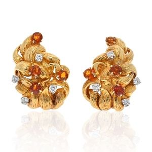 David Webb - 18K Yellow Gold Orange Enamel Clip On Earrings